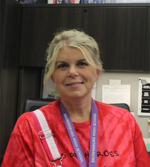 Ms. Stacey Lingelbaugh shows her school spirit by dressing up red for Riley week. 