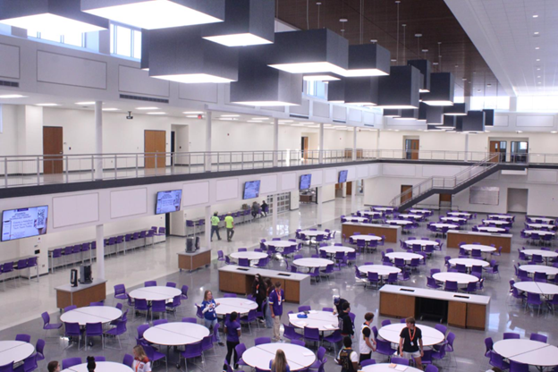 The new senior academy cafeteria holds 350 students per lunch. 